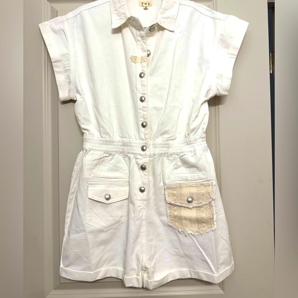 NWOT POL #17 One Piece Jean Jumpsuit Shorts Utility Romper, WHITE and KHAKI - M - Picture 4 of 15
